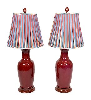 A Pair of Chinese Red-Glazed Porcelain Vases Mounted as Lamps