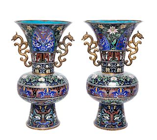 A Pair of Large Chinese Cloisonne Enamel Gu-Form Urns