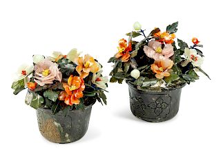 A Pair of Chinese Hardstone Flowering Shrubs in Carved Jade Pots