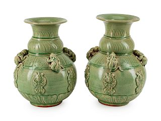 A Pair of Chinese Celadon-Glazed Porcelain Vases