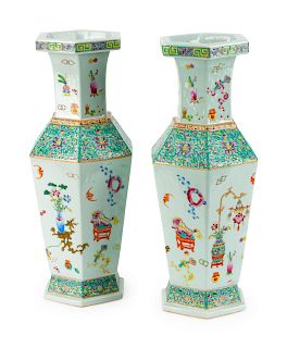 A Pair of Chinese Famille Rose Porcelain Hexagonal Vases