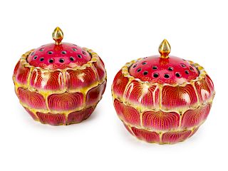 A Pair of Chinese Porcelain Lotus-Form Covered Potpourri