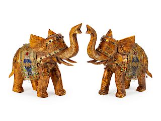 A Pair of Chinese Bone-Veneered Figures of Elephants