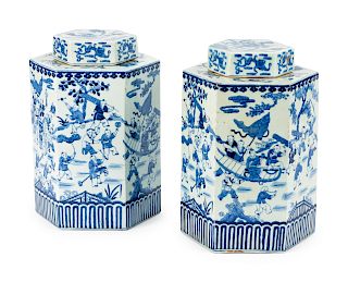 A Pair of Chinese Blue and White Porcelain Hexagonal Tea Canisters and Covers