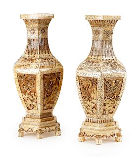 A Pair of Chinese Enameled Bone Hexagonal Vases on Stands