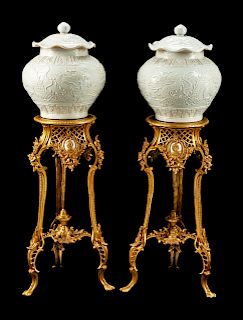 A Pair of Chinese Blanc de Chine Porcelain Covered Bowls on Gilt-Bronze Stands