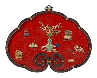 A Chinese Hardstone-Mounted Lacquer Panel