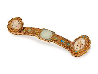 A Chinese Silver, Enamel and Jade Ruyi Scepter