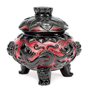 A Chinese Carved Peking Glass Incense Burner and Cover