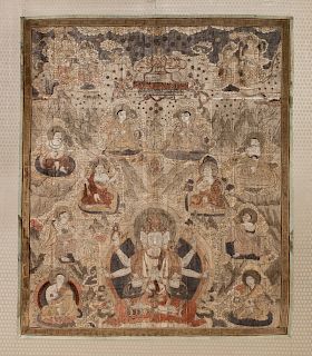A Tibetan Silk and Metallic Thread-Embroidered Thangka