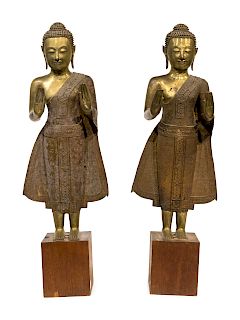 A Pair of Thai Gilt Bronze Standing Figures