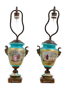 A Pair of Sevres Style Porcelain Urns Mounted as Lamps