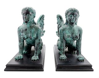A Pair of Patinated Metal Models of Sphinxes