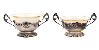 A Set of Twelve American Porcelain Dessert Cups with Silver Holders