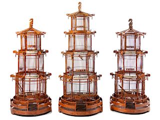 Three Large Chinese Bamboo Bird Cages