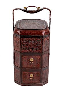 A Chinese Three-Part Lacquered Bamboo Picnic Basket