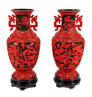 A Pair of Large Chinese Carved Red Lacquer Vases and Stands