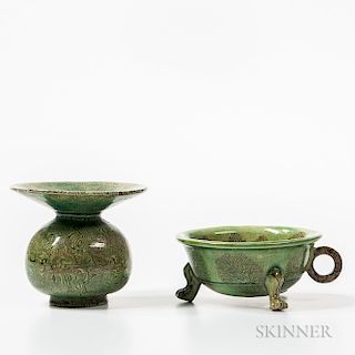 Two Small Green-glazed Marbled Stoneware Items
