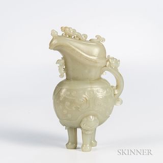 Archaic-style Carved Jade Tripod Wine Ewer and Cover
