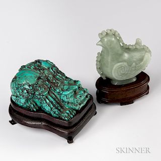 Carved Turquoise Mythical Beast and Jade Rooster