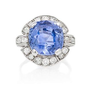 An Art Deco Platinum, Natural Ceylon Sapphire and Diamond Ring, 4.70 dwts.