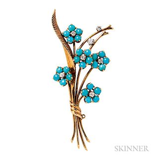 18kt Gold, Turquoise, and Diamond Flower Brooch, Van Cleef & Arpels
