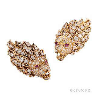 18kt Gold and Diamond Lion's Head Earclips