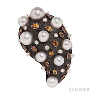 Large 18kt Gold and Sterling Silver, Citrine, and Cultured Pearl Pendant/Brooch, Marilyn Cooperman