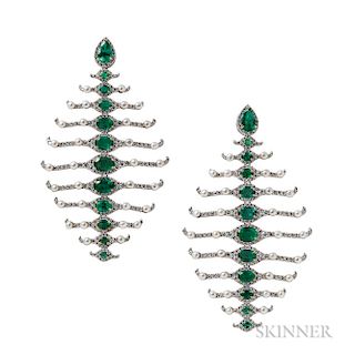 18kt White Gold, Emerald, Pearl, and Diamond Earrings, Umrao