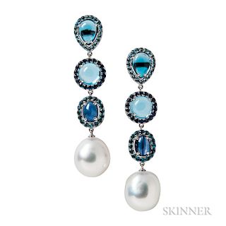 18kt White Gold, South Sea Pearl, Sapphire, and Blue Topaz Earrings