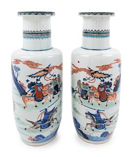 A Pair of Underglazed Blue and Wucai Porcelain Rouleau Vases
Height 19 1/2 in., 50 cm. 
