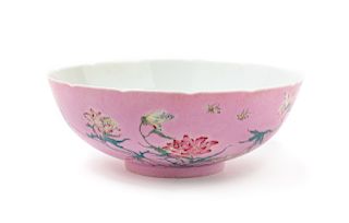A Pink Ground Famille Rose Sgraffiato Porcelain Floriform Bowl
Diam 8 3/4 in., 22 cm. 