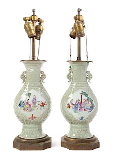 A Pair of Celadon Ground Famille Rose Porcelain Vases
Each vase: height 12 1/4 in., 31 cm. 