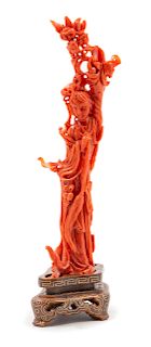 A Red Coral Figure of a Female Immortal
Height 6 x length 1 1/2 in., 4 x 15 cm. 
