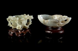 Two Pale Celadon Jade Handled Cups
Larger: width 4 7/8 in., 12 cm. 