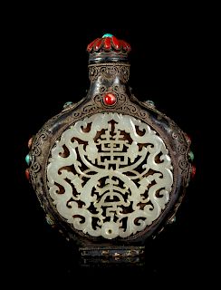A Mongolian Style Jade and Hardstone Inlaid Silver Snuff BottleHeight 3 3/8 in., 9 cm. 