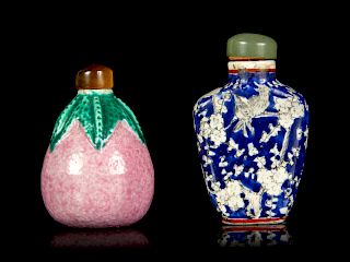Two Famille Rose Porcelain Snuff BottlesLarger: height 2 1/4 in., 6 cm. 