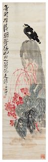 Attributed to Qi Baishi
Image: height 58 1/8 x 16 1/8 in., 148 x 41 cm. 