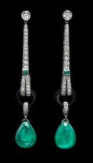 A Pair of 18 Karat White Gold, Emerald, Onyx and Diamond Earrings, 5.00 dwts.