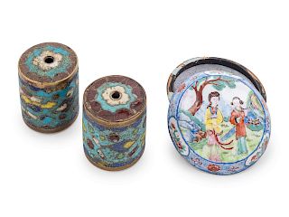 A Pair of Cloisonne Enamel Scroll Ends and A Canton Enamel on Copper Seal Paste Box and Cover
Largest: diam 2 in., 5 cm. 