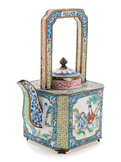 A Canton Painted Enamel on Copper Teapot
Height 7 1/2 in., 19 cm. 