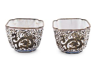A Pair of Canton Enamel on Copper Square Wine Cups
Each: length 1 3/4 x height 1 1/4 in., 4 x 3 cm. 
