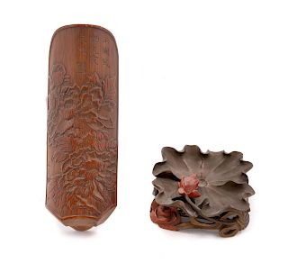 A Carved Bamboo Tea Scoop and a Fuzhou Lacquer Brush PaletteLarger length 7 in., 18 cm.