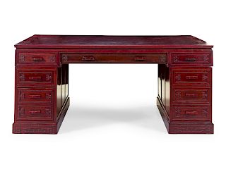 A Large Huanghuali Wood Scholar's Desk
Height 31 7/8 x length 73 x width 42 1/8 in., 81 x 19 x 107 cm.