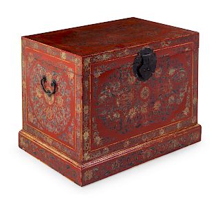 A Qiangjin and Tianqi Lacquer Storage Chest and Base, Yixiang
Height 24 1/2 x length 34 5/8  x width 23 1/2 in., 62 x 88 x 60 cm.