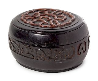 A Huanghuali Inset Zitan Covered Box
Length 6 in., 15 cm.