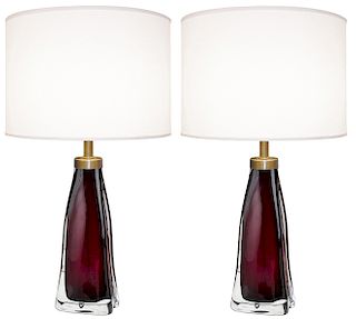 Pair of Raspberry and Clear Glass Lamps by Carl Fagerlund for Orrefors