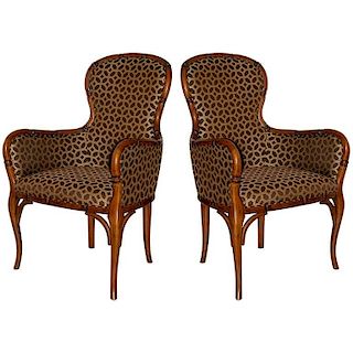 Pair of French Hand Carved Bamboo Club Chairs in Fruitwood