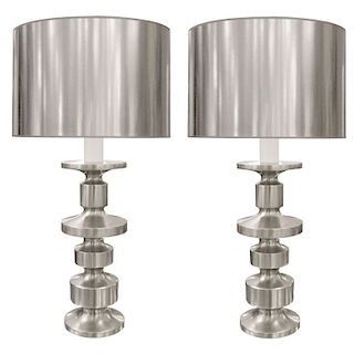 Pair of Large Modernist Polished Nickel Lamps