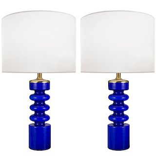 Pair of Swedish Blue Glass Lamps